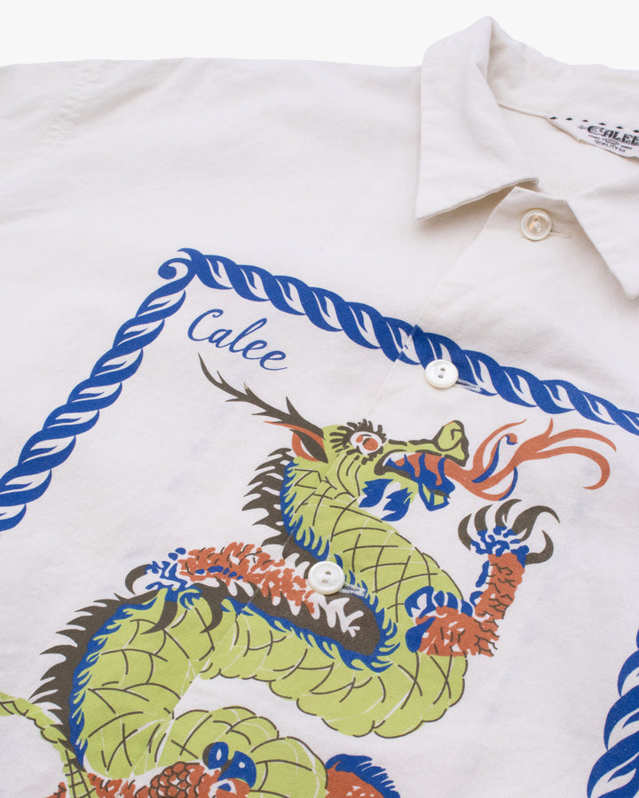 Japanese Repro Long-Sleeve Shirt, L, Calee, Green and Blue Dragon on Off-White