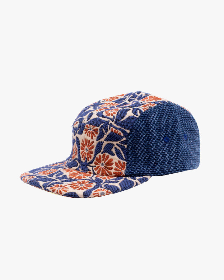 Kiriko Original Cap, 5-Panel, Two Tone, Orange Chrysanthemum French Jacquard with Washed Indigo Sashi-Ori