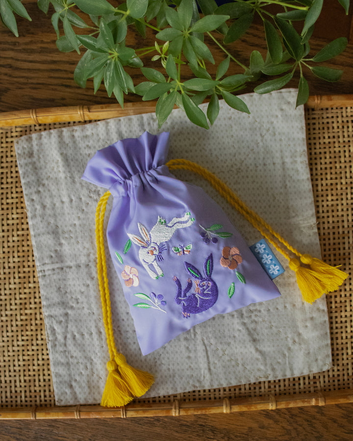 Embroidered Pouch, Bisque, Purple Usagi with Gold Tassels