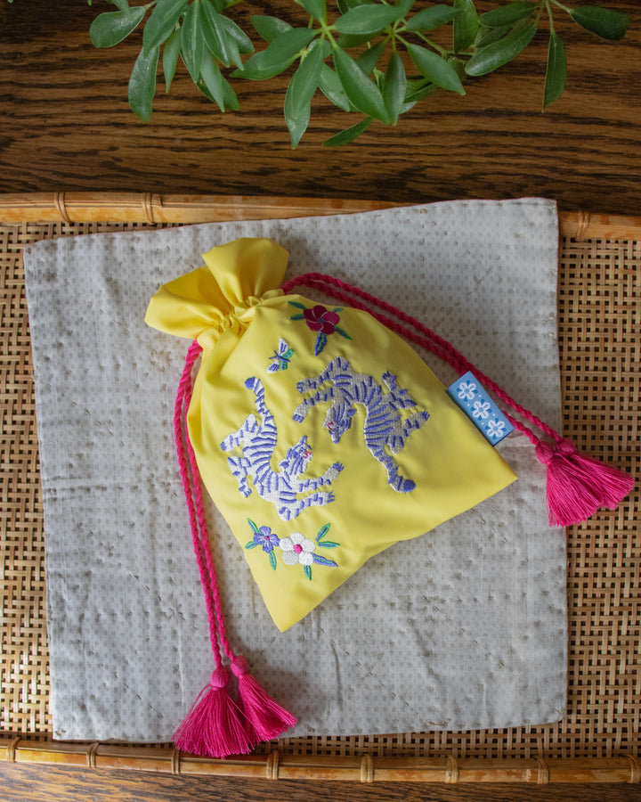 Embroidered Pouch, Bisque, Yellow Tiger with Hot Pink Tassels