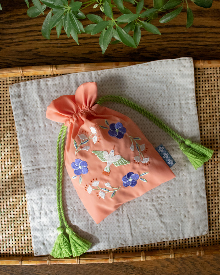 Embroidered Pouch, Bisque, Salmon Bird with Lime Green Tassels