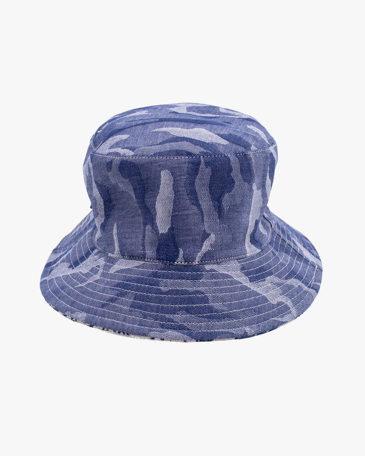 Kiriko Original Bucket Hat, Reversible Cream Tsubaki and Blue Camouflage Chambray