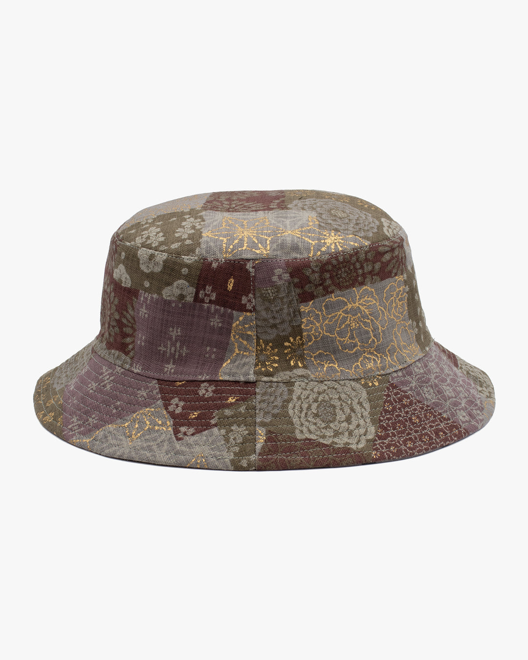Kiriko Original Bucket Hat, Reversible Azuki and Gold Multi Patchwork with Khaki and Faded Green Camo