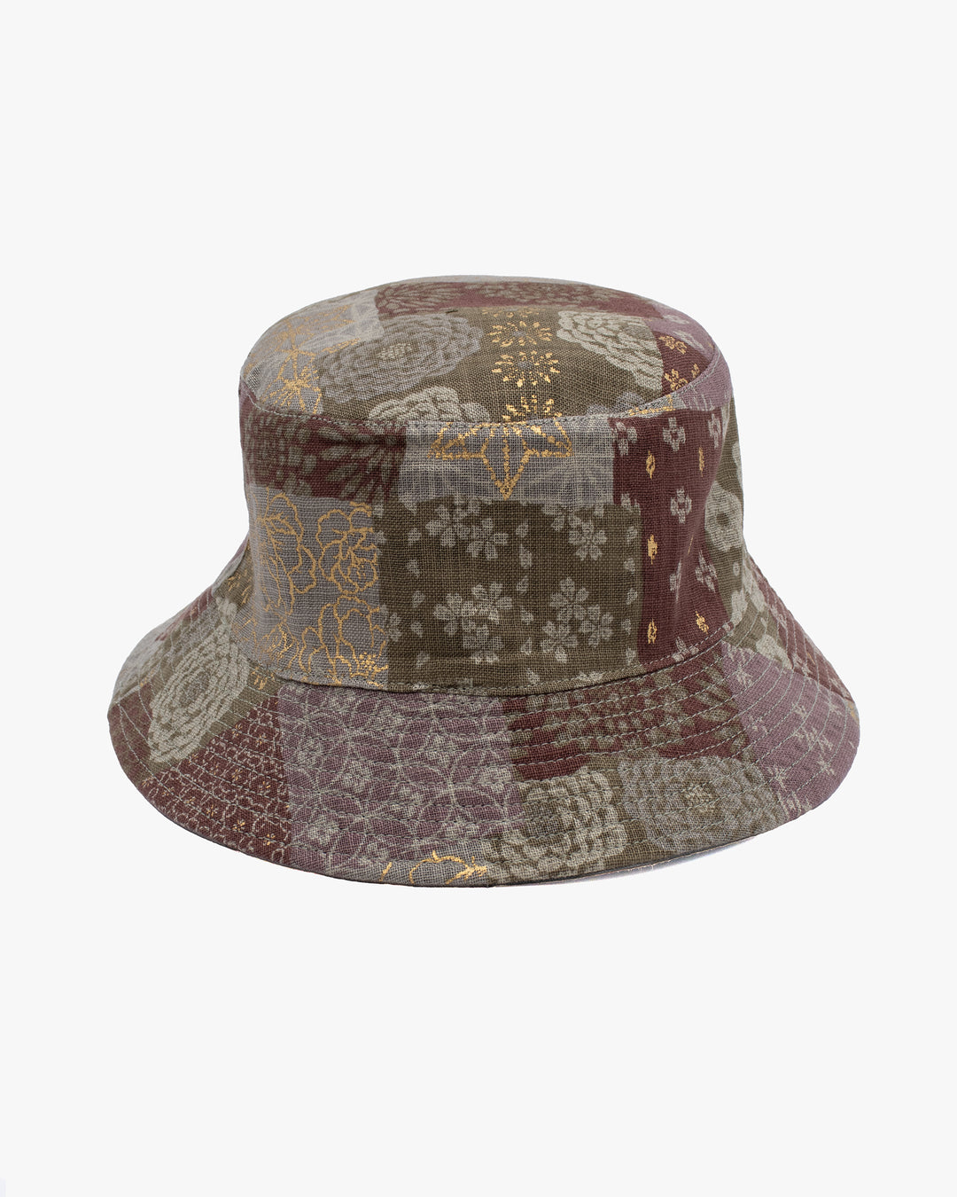 Kiriko Original Bucket Hat, Reversible Azuki and Gold Multi Patchwork with Khaki and Faded Green Camo