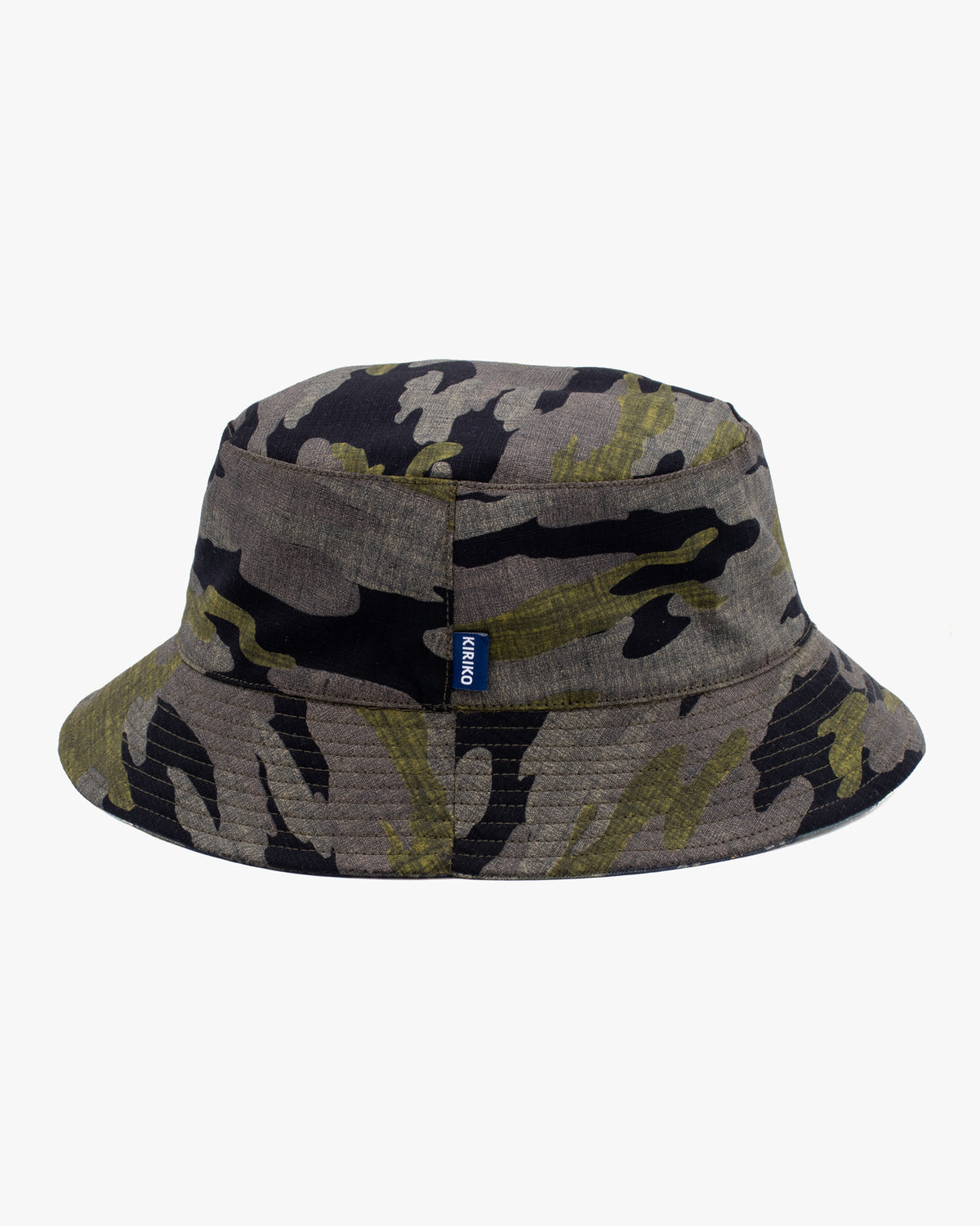 Kiriko Original Bucket Hat, Reversible Sage and Gold Multi Patchwork with Black and Lime Tiger Camo