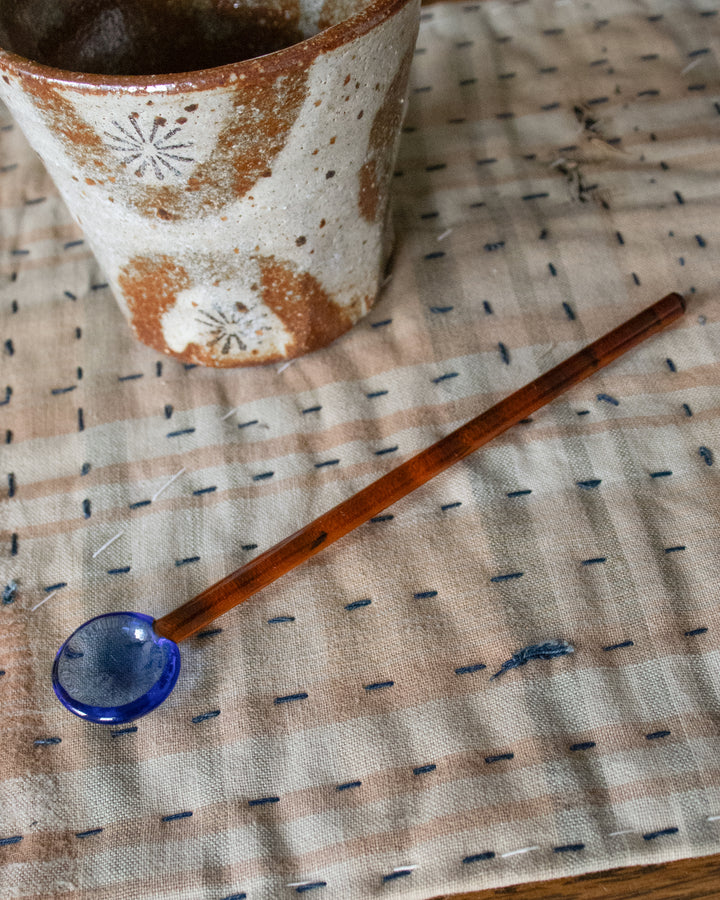 Glass Tea Spoon, Bisque, Blue and Brown