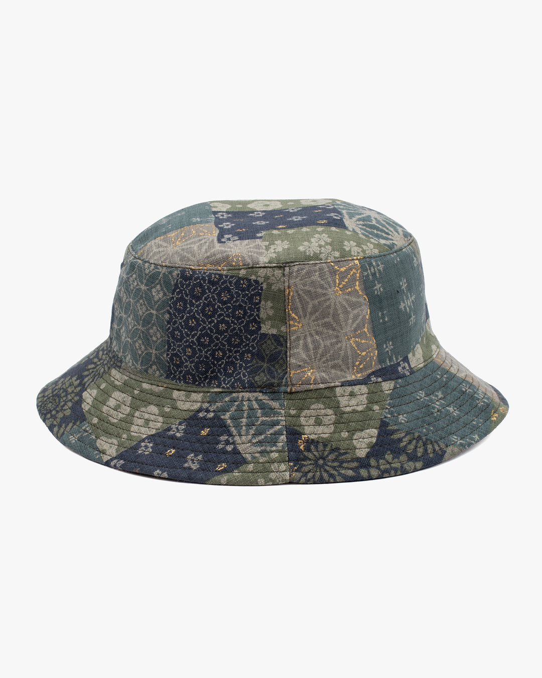 Kiriko Original Bucket Hat, Reversible Sage and Gold Multi Patchwork with Black and Lime Tiger Camo