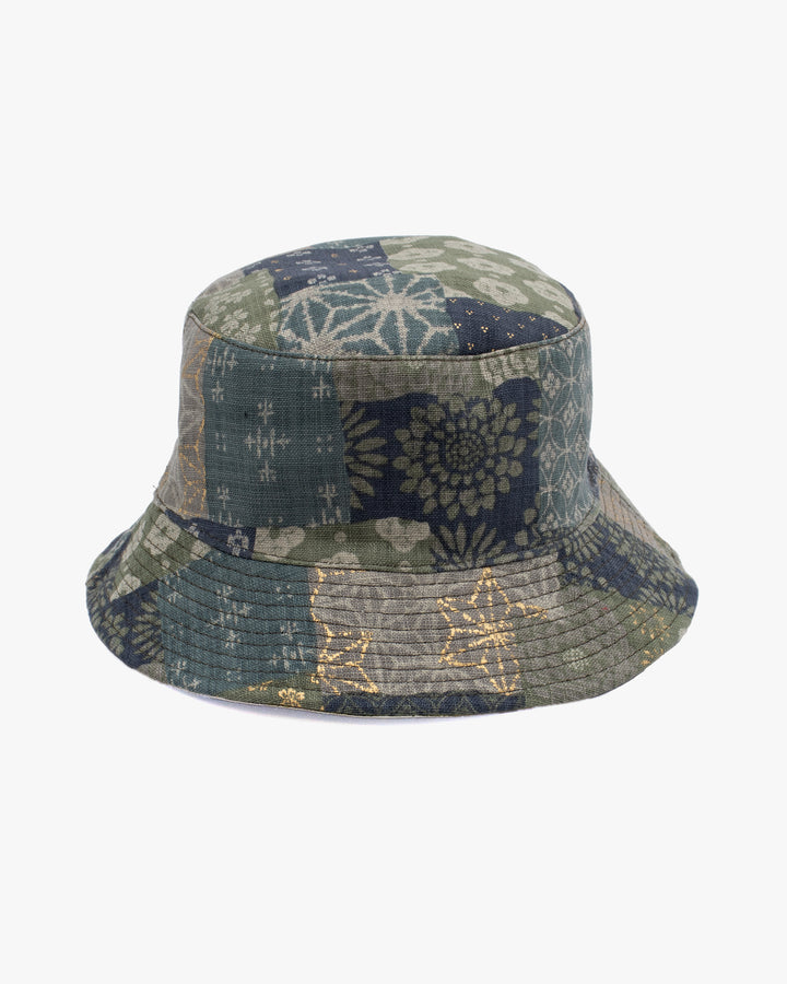 Kiriko Original Bucket Hat, Reversible Sage and Gold Multi Patchwork with Black and Lime Tiger Camo