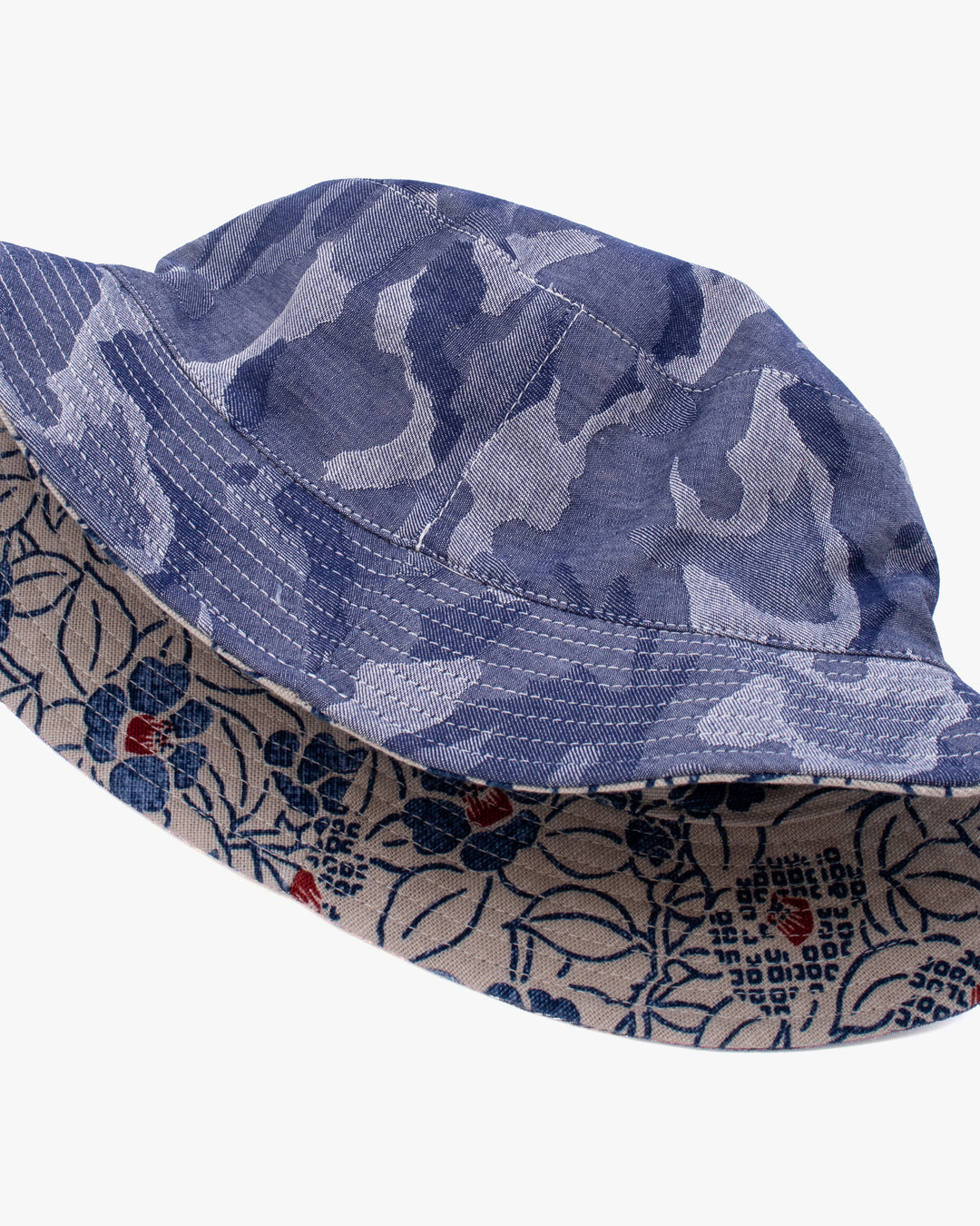 Kiriko Original Bucket Hat, Reversible Cream Tsubaki and Blue Camouflage Chambray
