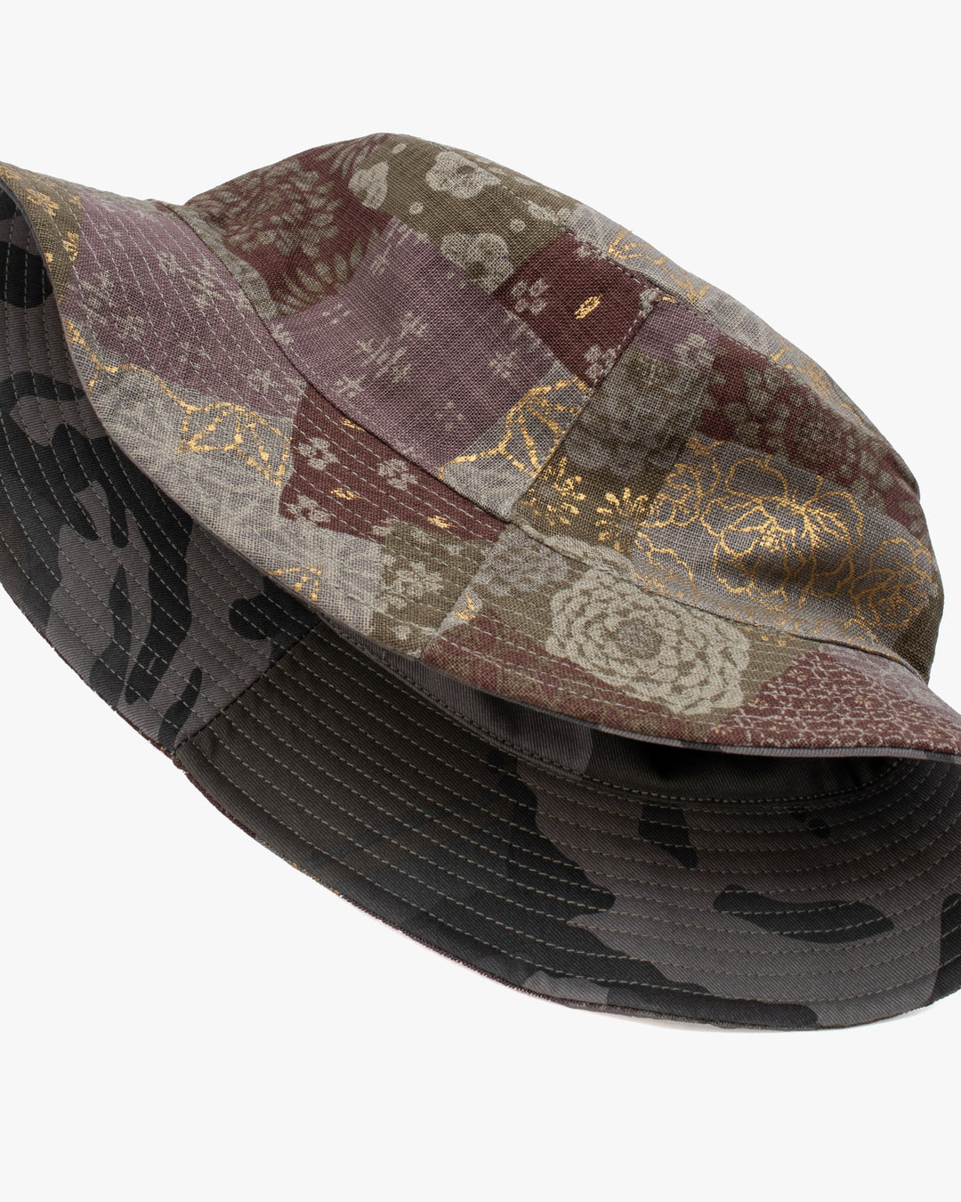 Kiriko Original Bucket Hat, Reversible Azuki and Gold Multi Patchwork with Khaki and Faded Green Camo