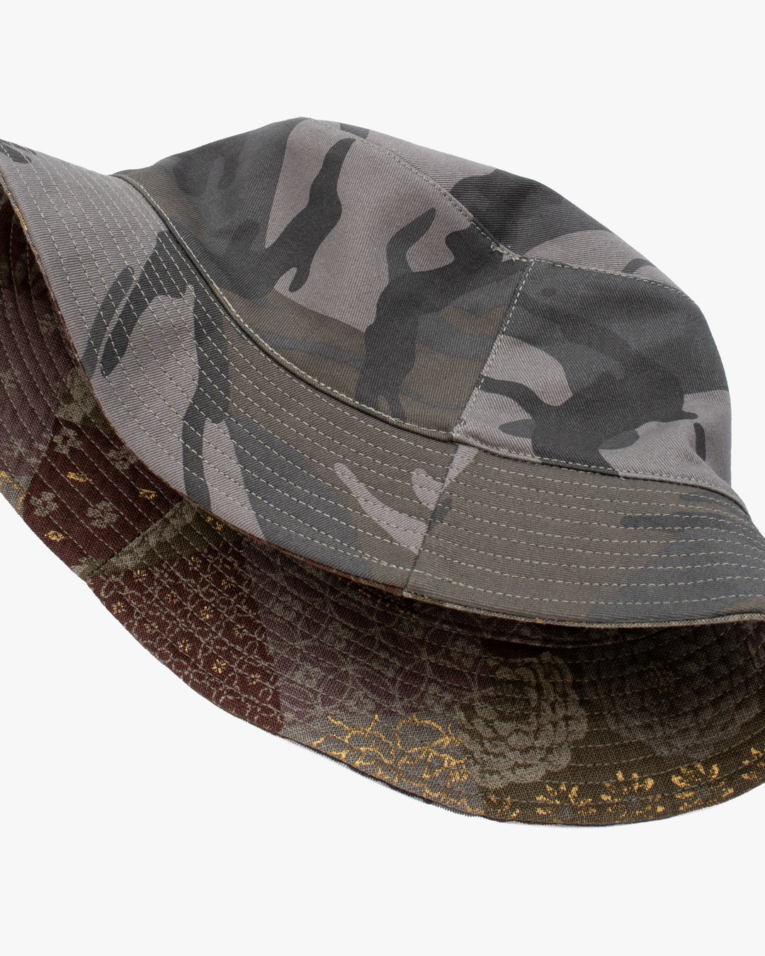 Kiriko Original Bucket Hat, Reversible Azuki and Gold Multi Patchwork with Khaki and Faded Green Camo