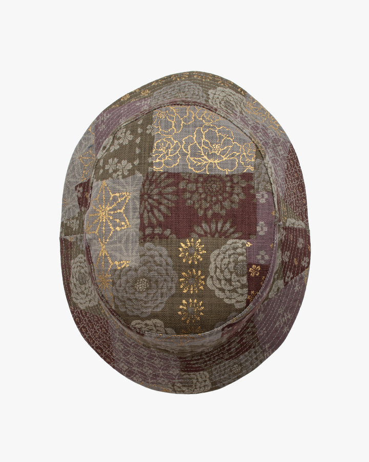Kiriko Original Bucket Hat, Reversible Azuki and Gold Multi Patchwork with Khaki and Faded Green Camo