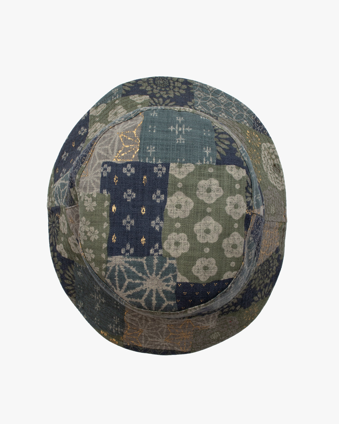 Kiriko Original Bucket Hat, Reversible Sage and Gold Multi Patchwork with Black and Lime Tiger Camo