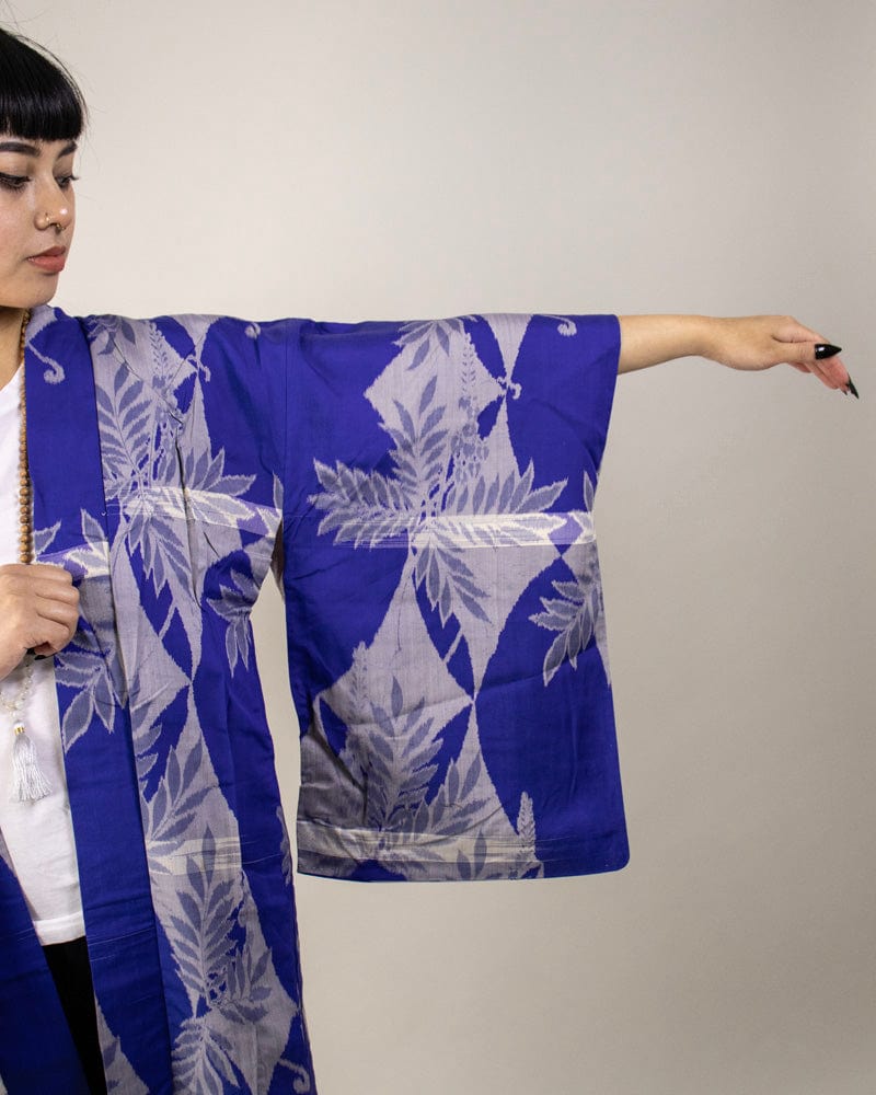 Vintage Haori Jacket Meisen Royal Blue with White Flowers Kiriko Made