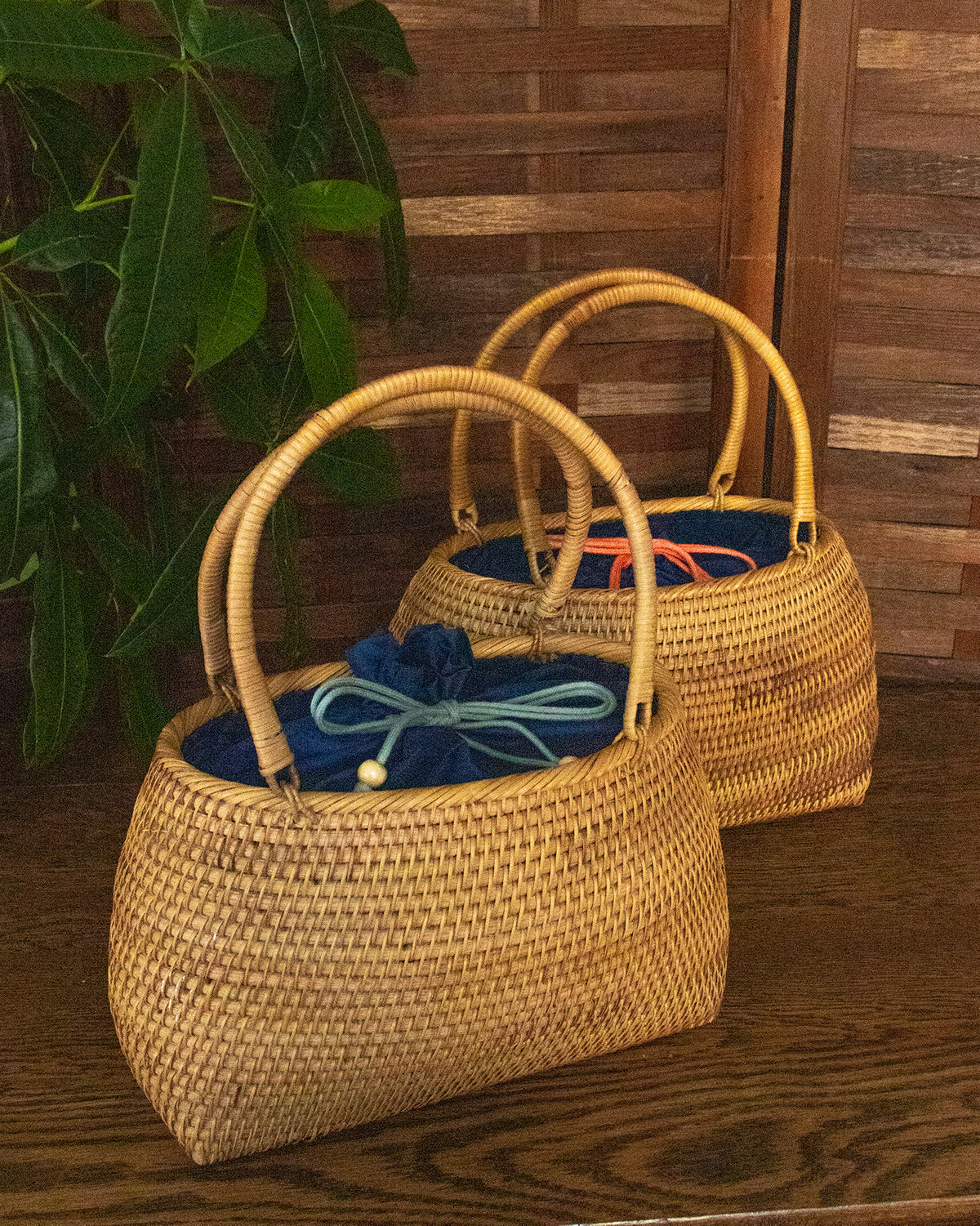 Kokoro Original, Bamboo Woven Bag with Blue Kinchaku Insert, Oval