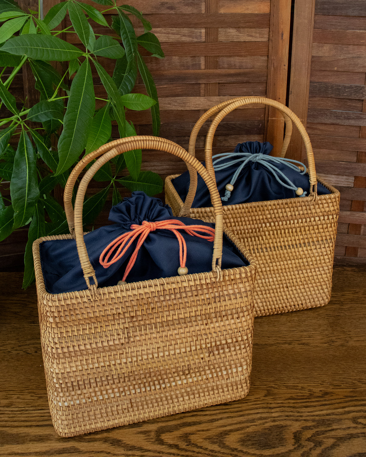 Kokoro Original, Bamboo Woven Bag with Blue Kinchaku Insert, Square