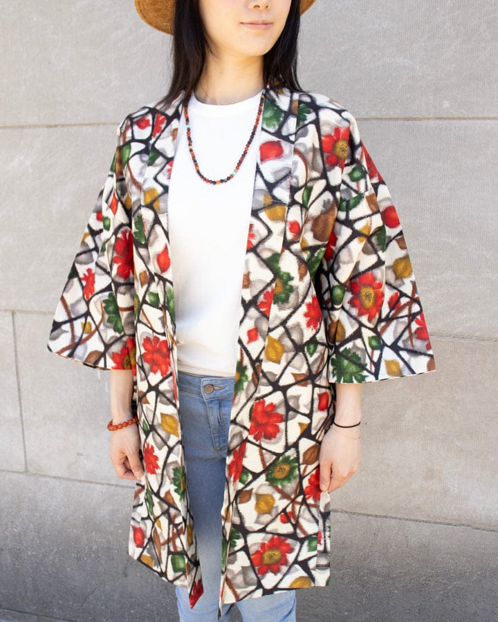 Vintage Haori Jacket, White with Abstract Flowers
