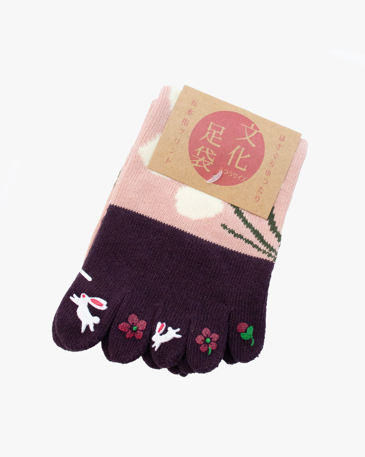 Kurochiku, Toe Socks, Crew, Pink with White Flowers and Bunnies