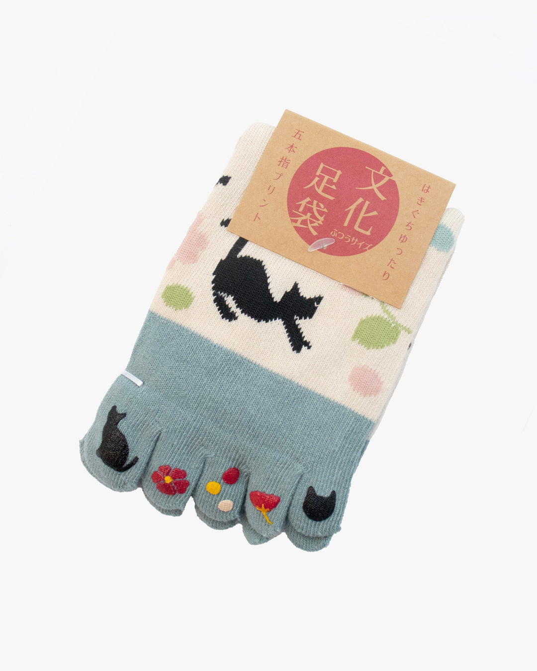 Kurochiku, Toe Socks, Crew, White and Blue with Black Cat