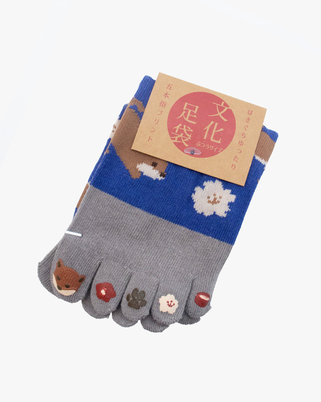 Kurochiku, Toe Socks, Crew, Blue and Grey with Foxes