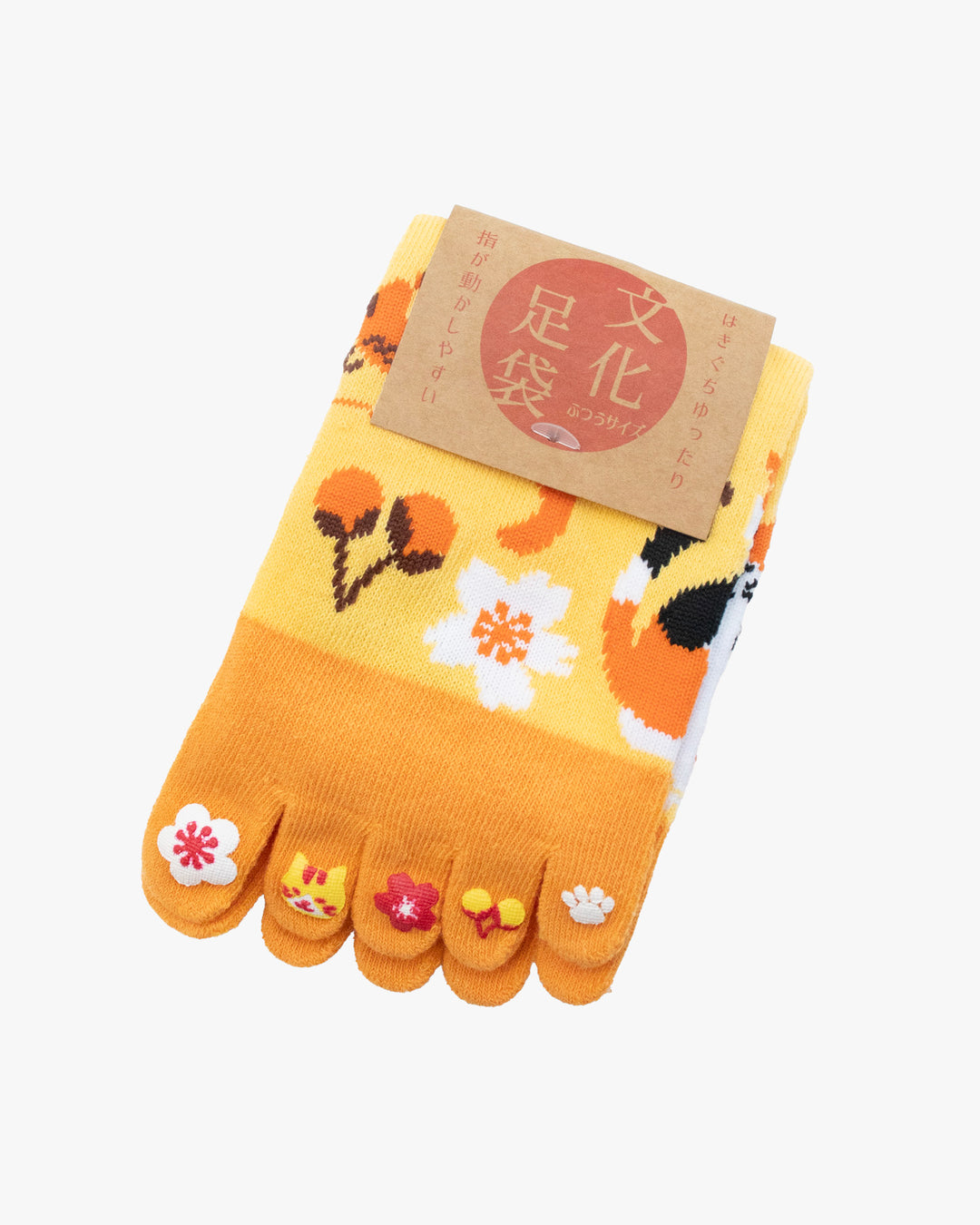 Kurochiku, Toe Socks, Crew, Orange and Yellow with cat