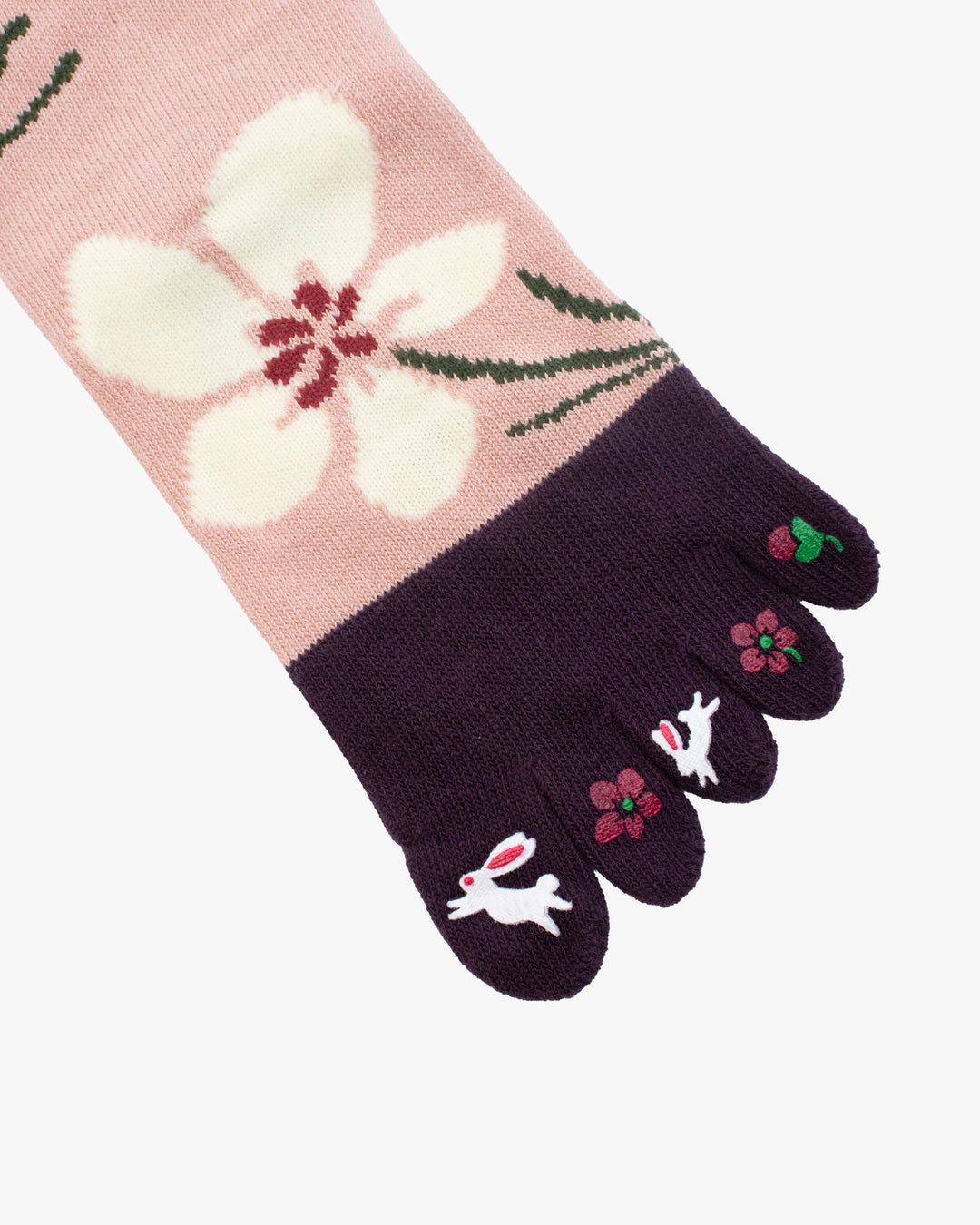 Kurochiku, Toe Socks, Crew, Pink with White Flowers and Bunnies