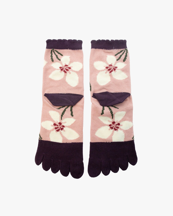 Kurochiku, Toe Socks, Crew, Pink with White Flowers and Bunnies