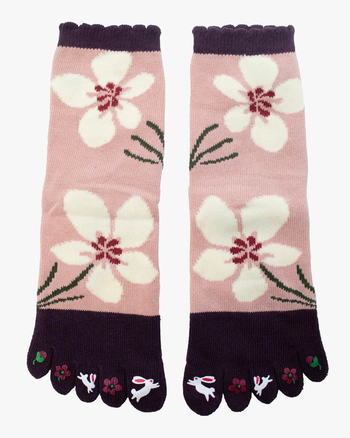 Kurochiku, Toe Socks, Crew, Pink with White Flowers and Bunnies