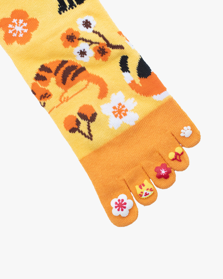 Kurochiku, Toe Socks, Crew, Orange and Yellow with cat