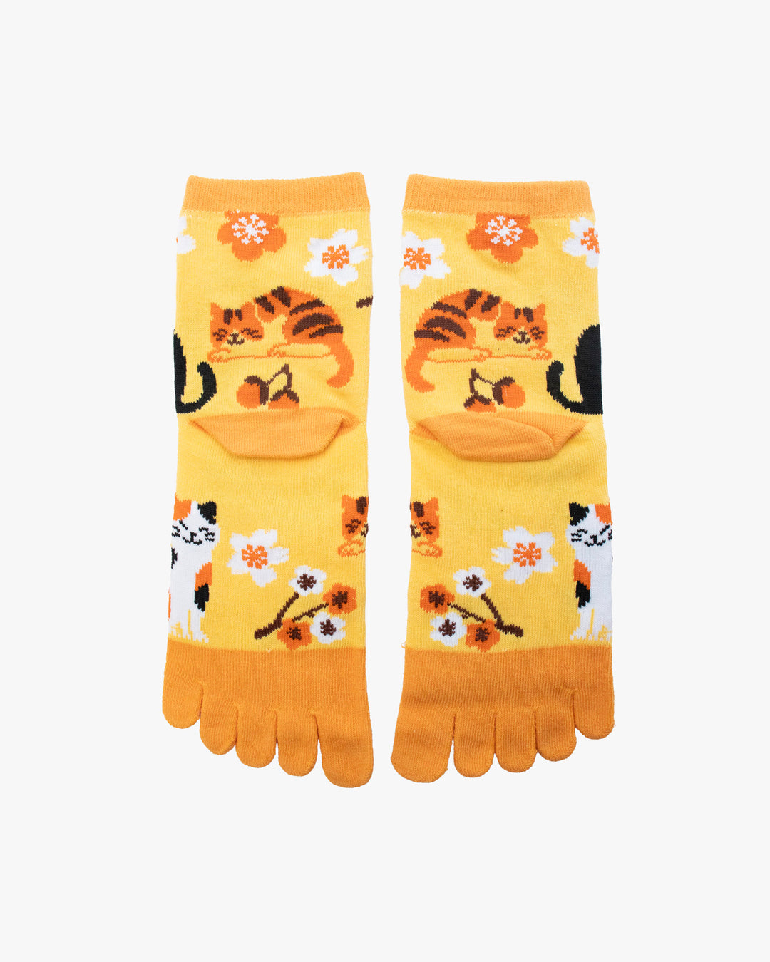 Kurochiku, Toe Socks, Crew, Orange and Yellow with cat