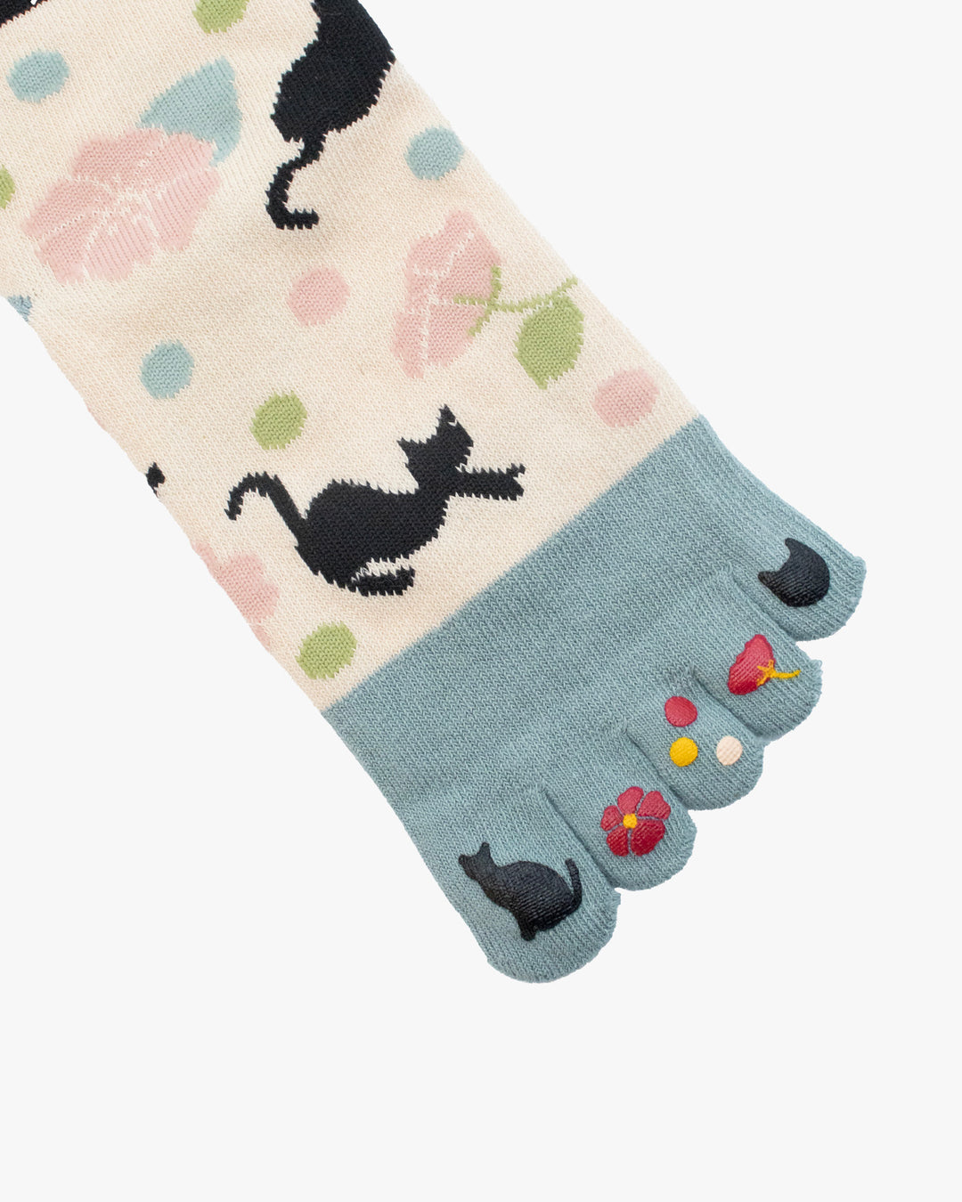 Kurochiku, Toe Socks, Crew, White and Blue with Black Cat