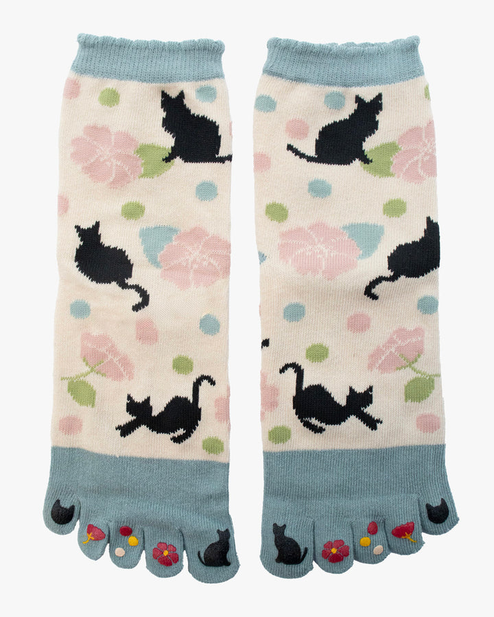 Kurochiku, Toe Socks, Crew, White and Blue with Black Cat