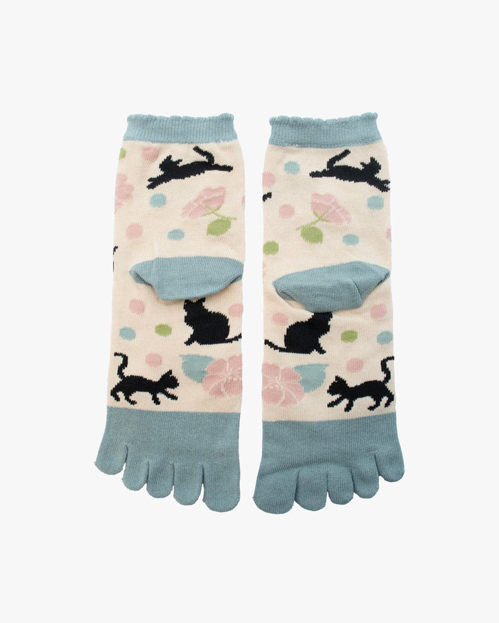 Kurochiku, Toe Socks, Crew, White and Blue with Black Cat