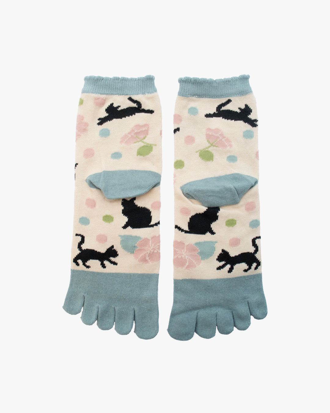 Kurochiku, Toe Socks, Crew, White and Blue with Black Cat