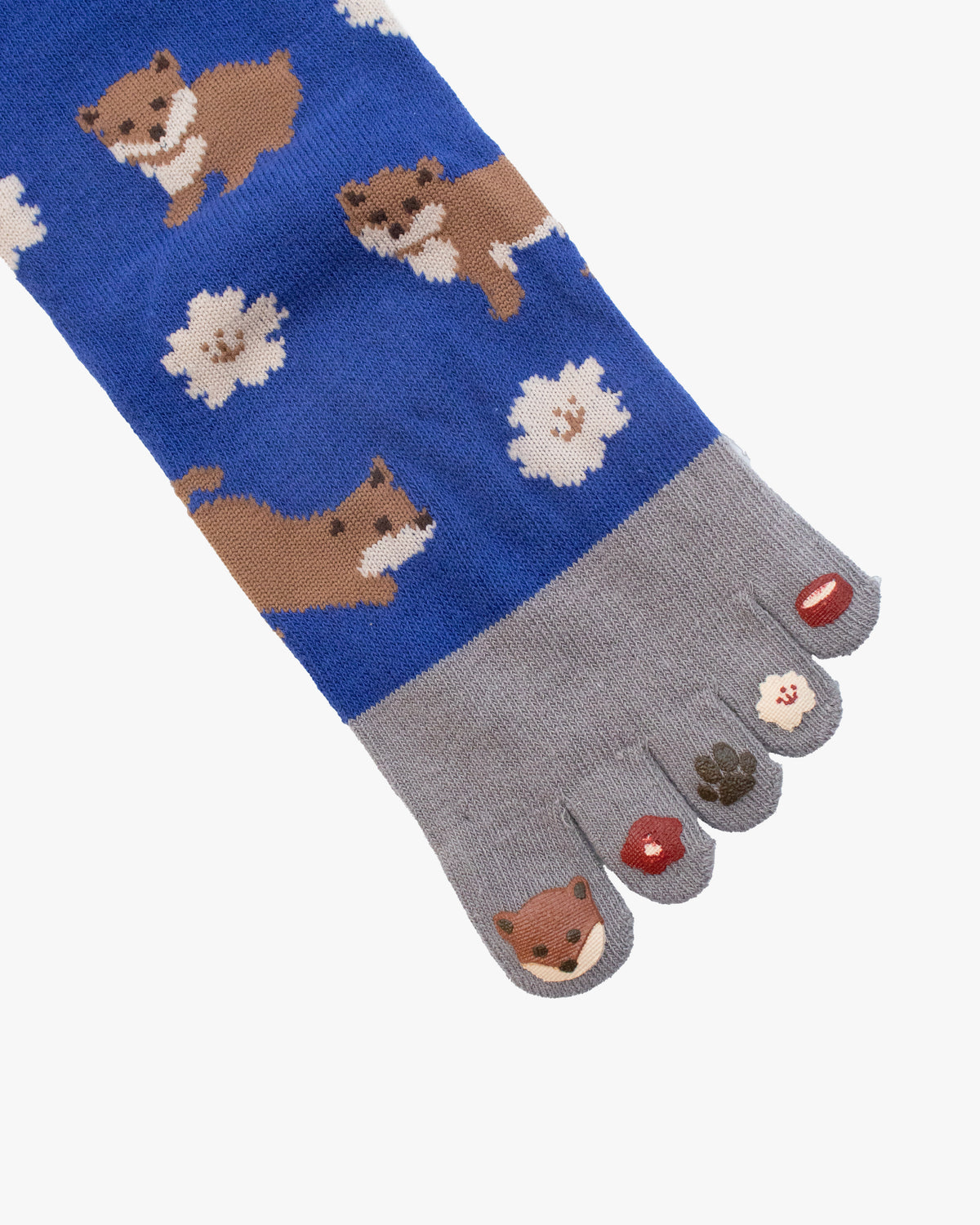 Kurochiku, Toe Socks, Crew, Blue and Grey with Foxes