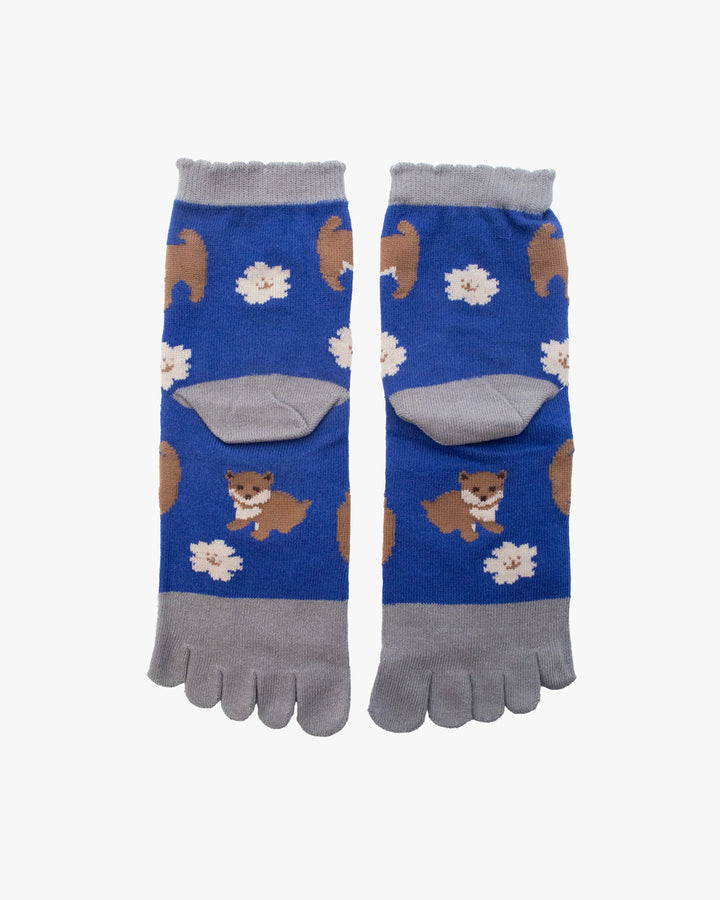 Kurochiku, Toe Socks, Crew, Blue and Grey with Foxes
