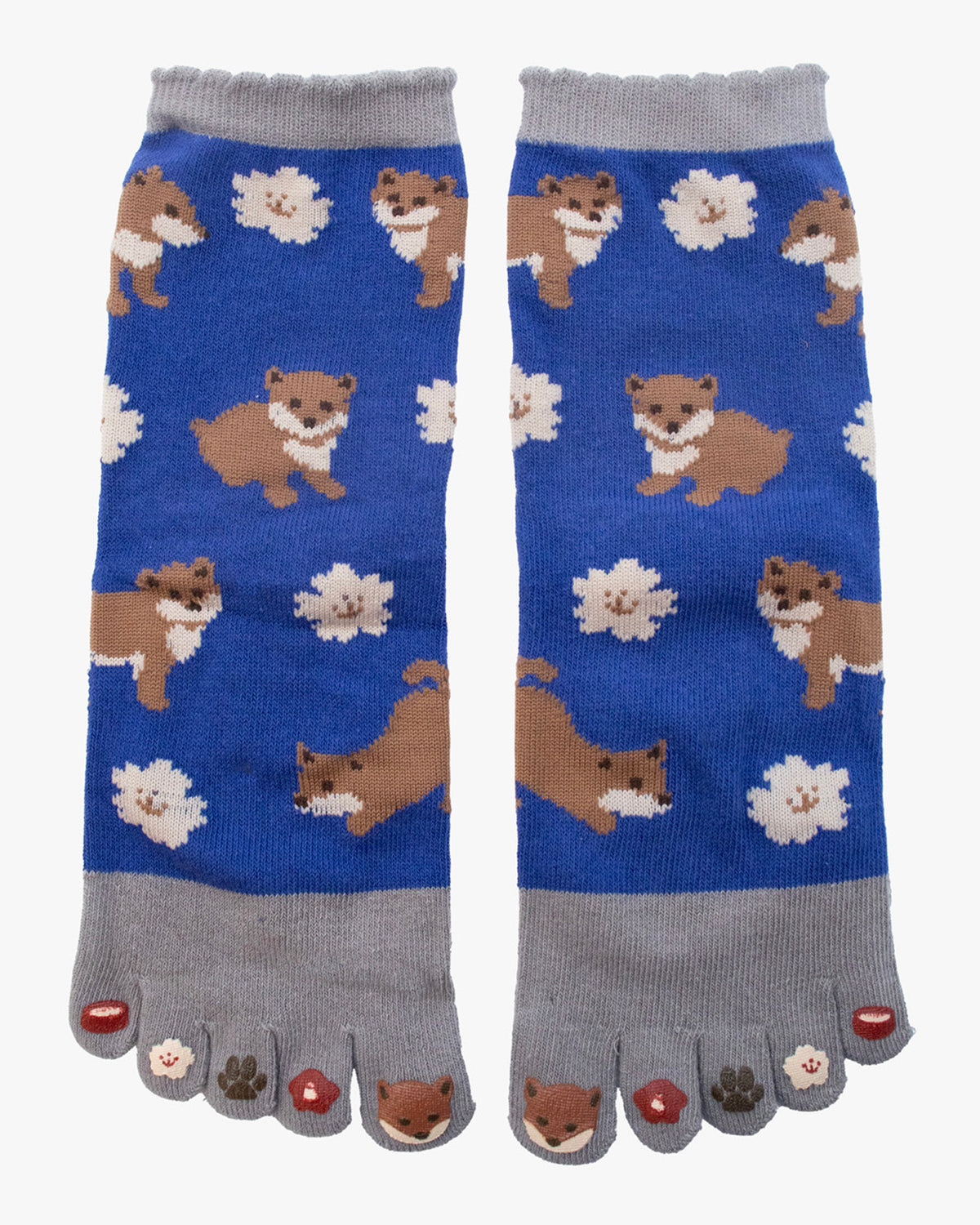 Kurochiku, Toe Socks, Crew, Blue and Grey with Foxes