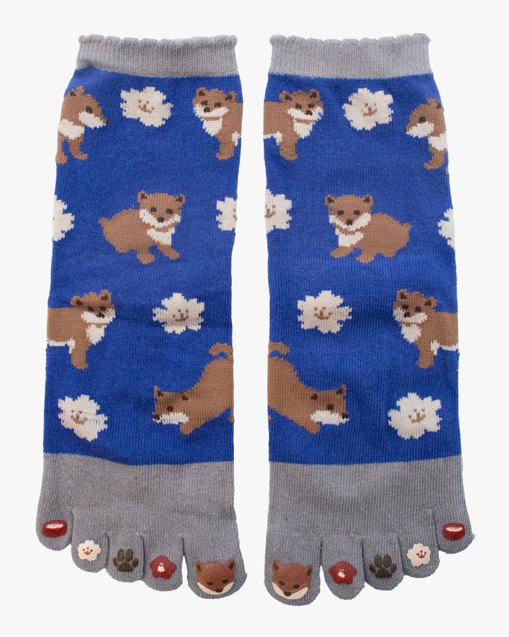 Kurochiku, Toe Socks, Crew, Blue and Grey with Foxes