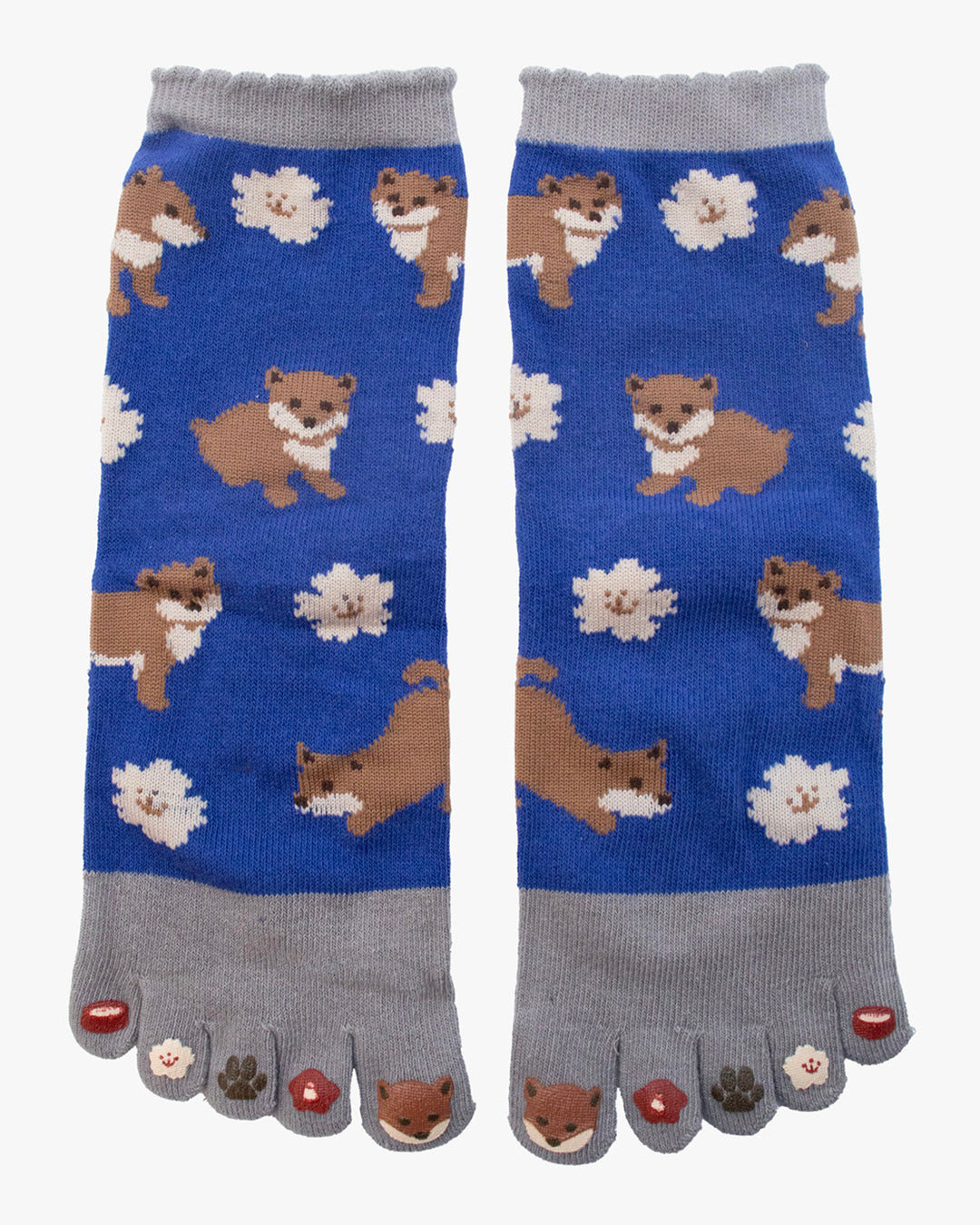 Kurochiku, Toe Socks, Crew, Blue and Grey with Foxes