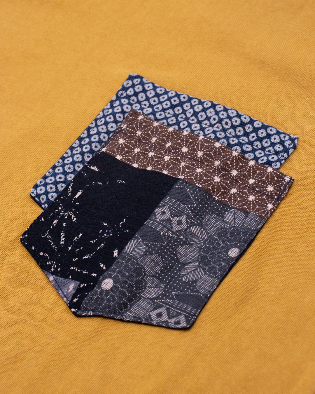 Kiriko Original Tee, 8 oz. US Made, Double Pocket Tee, Yellow, Indigo Shibori and Charcoal Patchwork Style