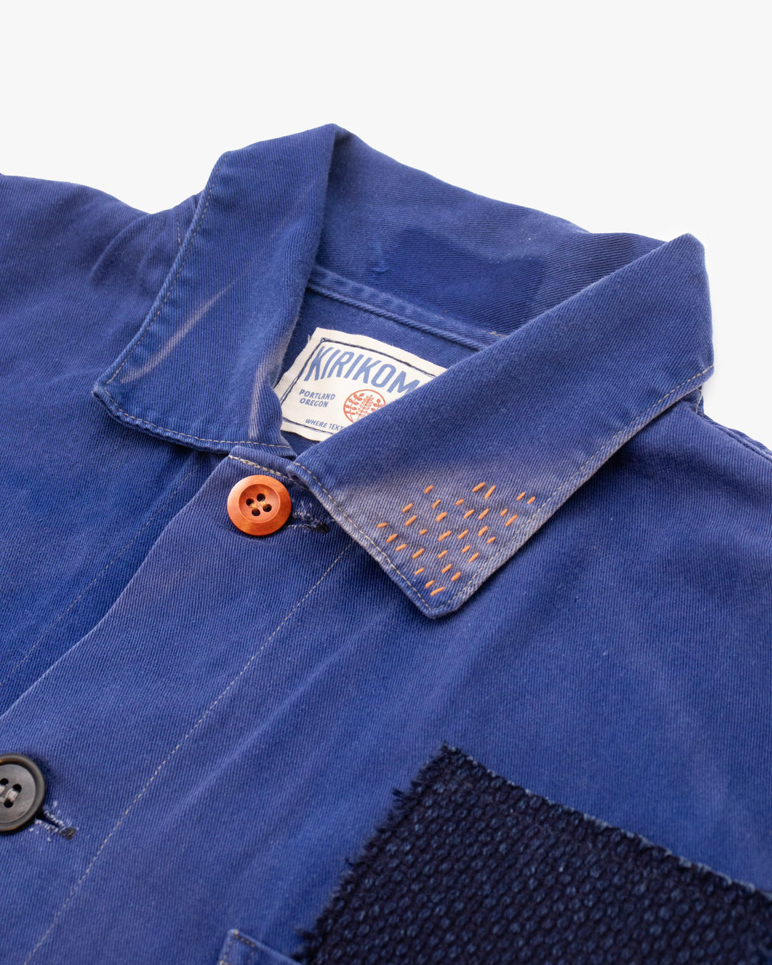 Kiriko Custom, One of a Kind Patched French Workman Jacket, Blue Patched Apron Fabric - 8