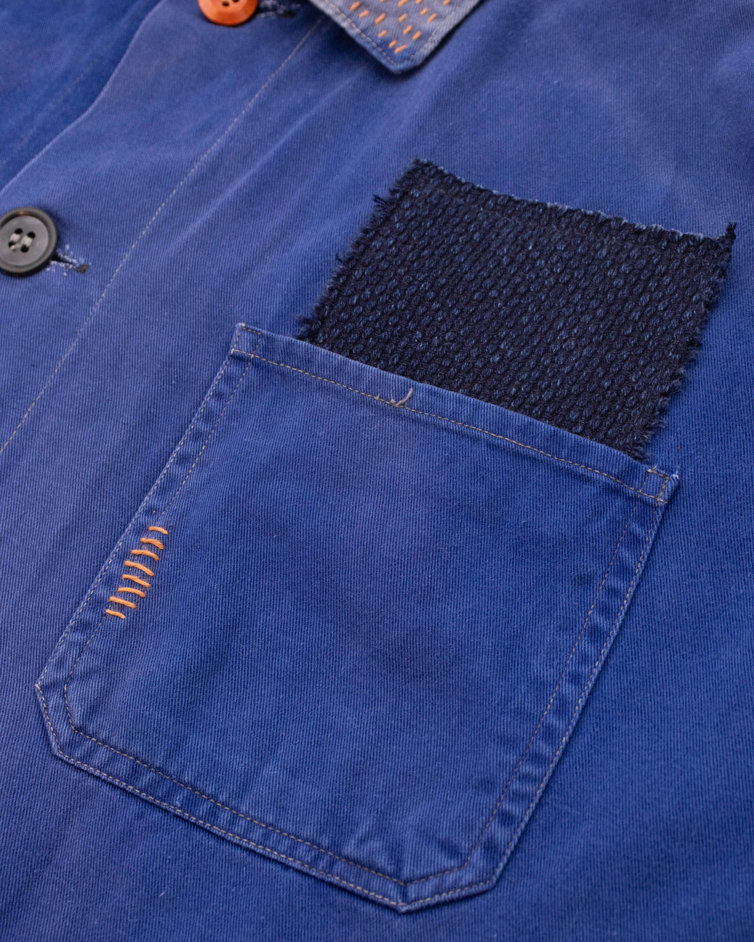 Kiriko Custom, One of a Kind Patched French Workman Jacket, Blue Patched Apron Fabric - 8