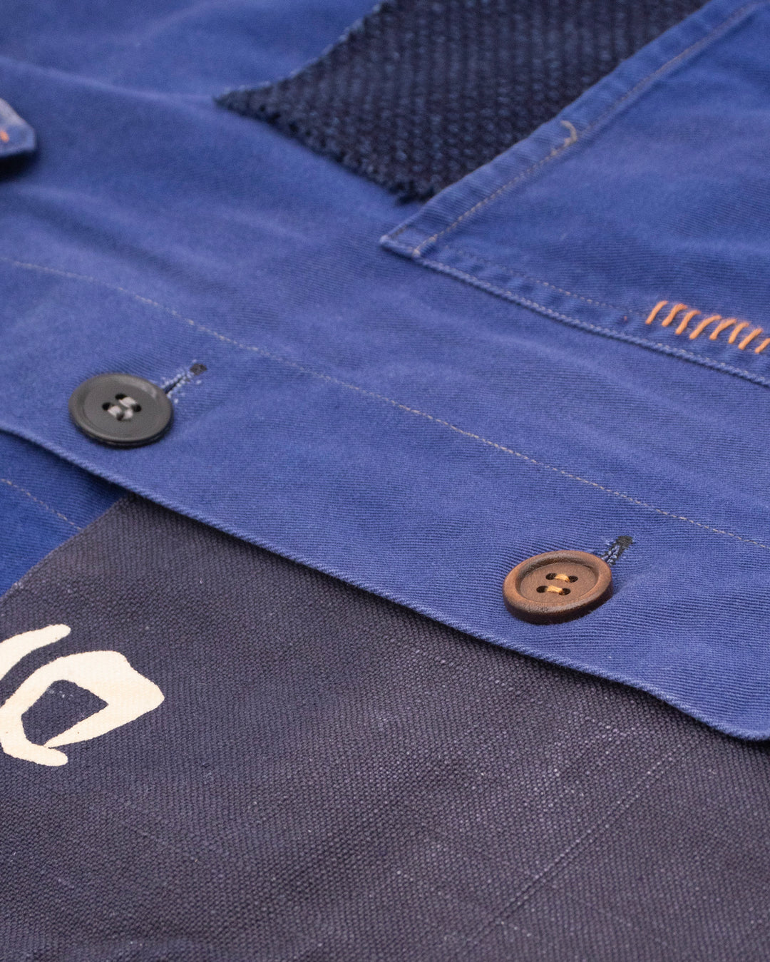 Kiriko Custom, One of a Kind Patched French Workman Jacket, Blue Patched Apron Fabric - 8