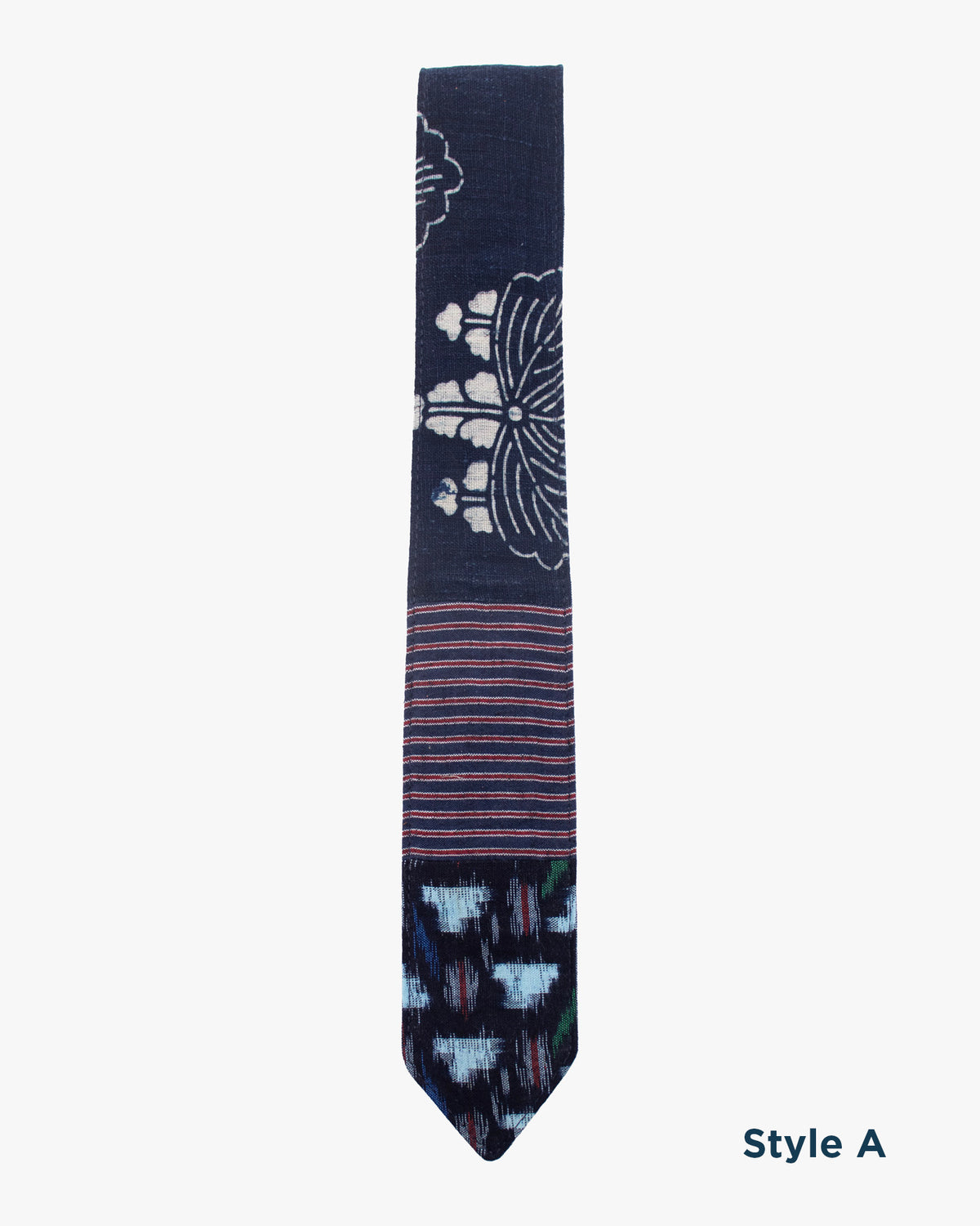 Kiriko Original Tie, Boro, Vintage Indigo Katazome Kiku, Shima and Kasuri