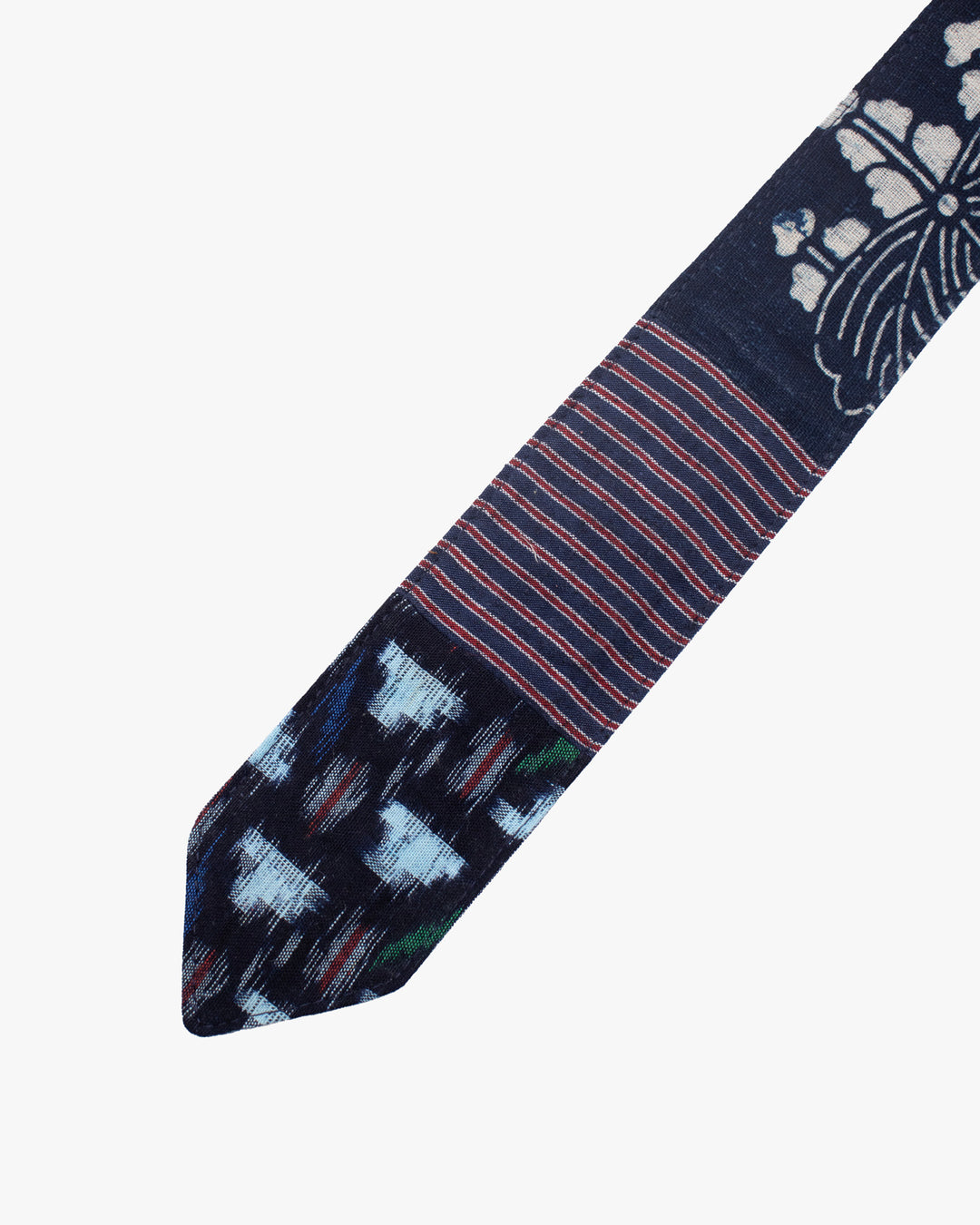 Kiriko Original Tie, Boro, Vintage Indigo Katazome Kiku, Shima and Kasuri