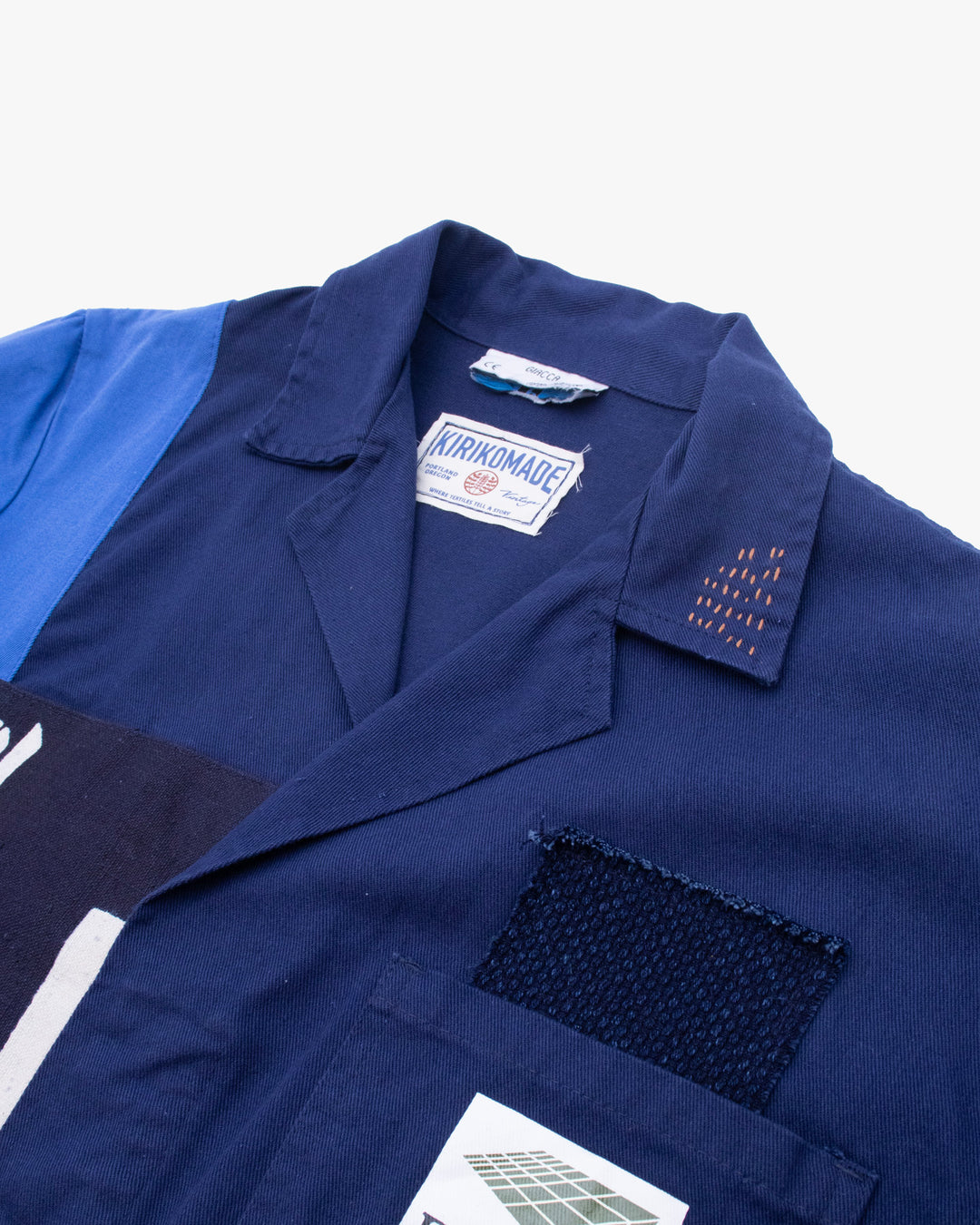 Kiriko Custom, One of a Kind Patched French Workman Jacket, Blue Patched Apron Fabric - 13