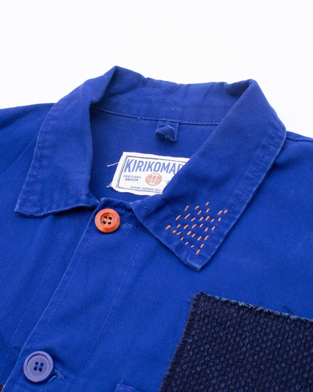 Kiriko Custom, One of a Kind Patched French Workman Jacket, Blue Patched Apron Fabric - 15