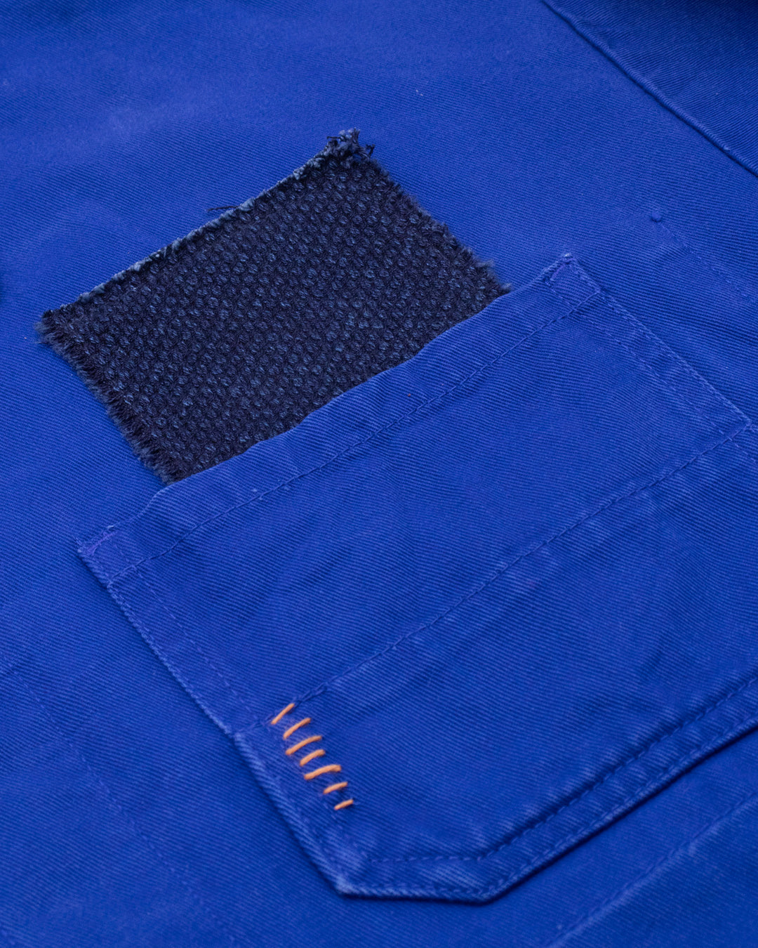 Kiriko Custom, One of a Kind Patched French Workman Jacket, Blue Patched Apron Fabric - 15