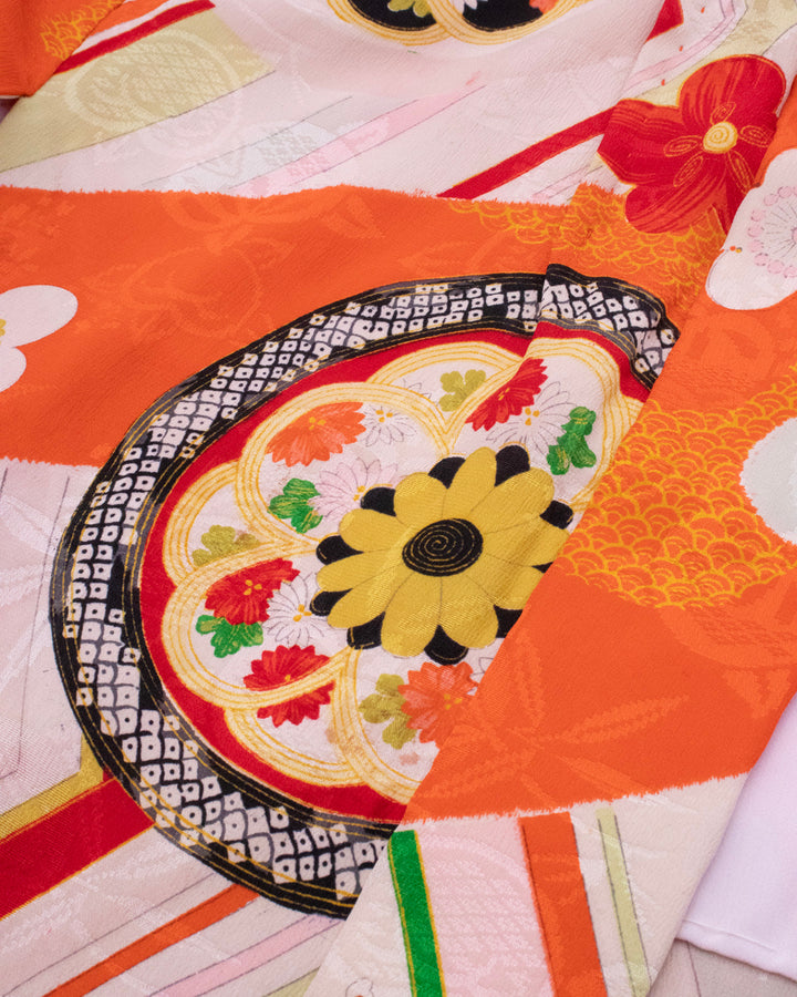 Vintage Haori Jacket, Yuzen, Orange Red with Floral Temari