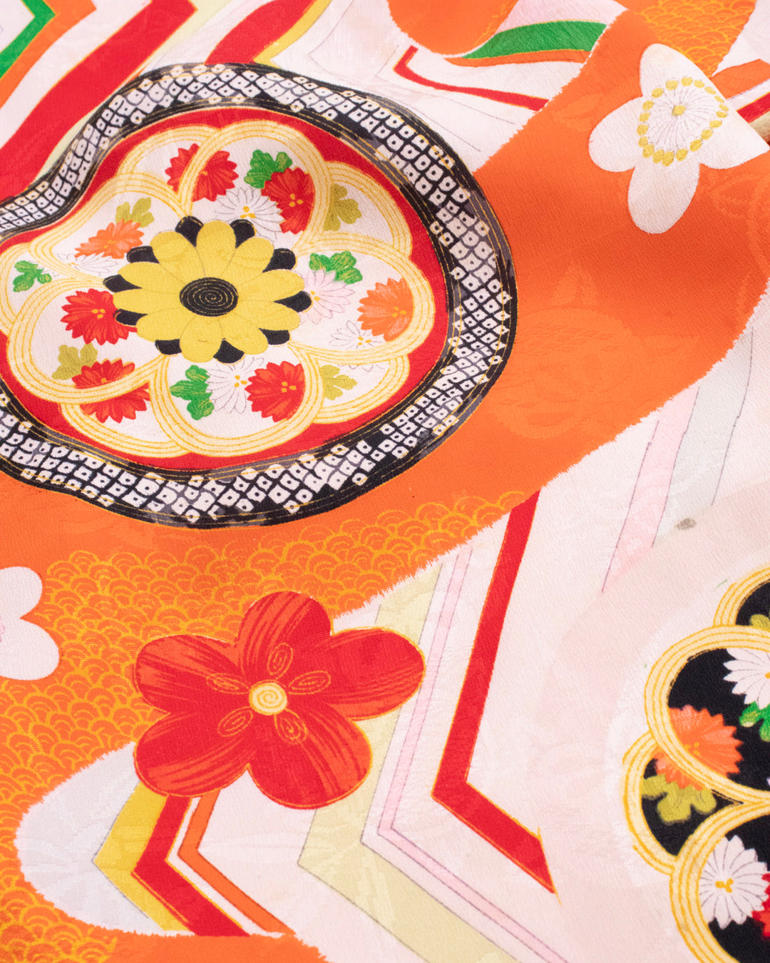 Vintage Haori Jacket, Yuzen, Orange Red with Floral Temari